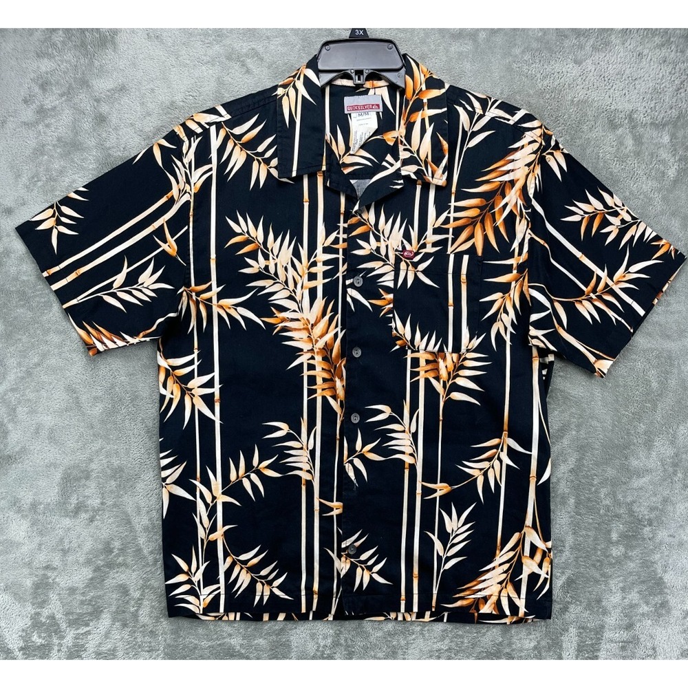 Quiksilver Men's Hawaiian Shirt Sz Medium Black Bamboo Print Cotton Short Sleeve